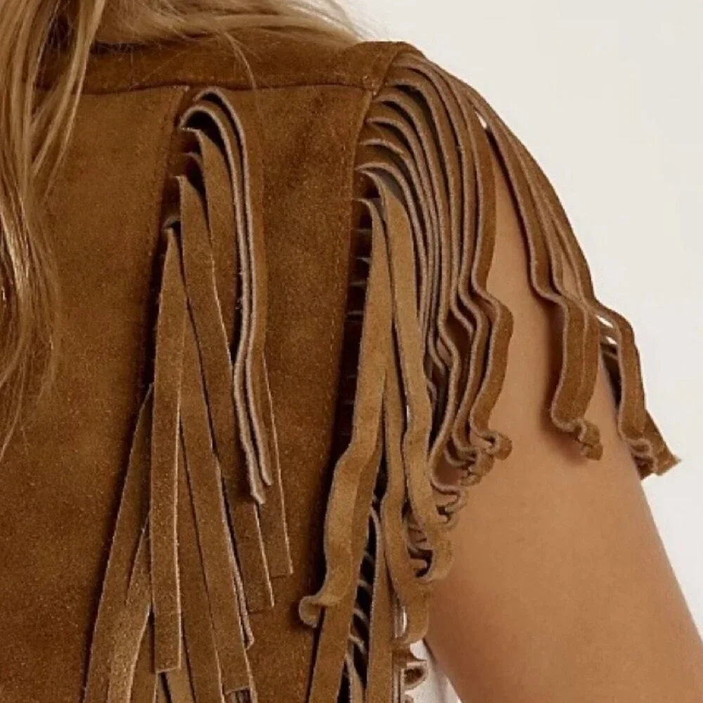 Free People Western Fringe Leather Shawl NWT OS | Tan Suede Fringe Wrap Boho - Picture 5 of 12